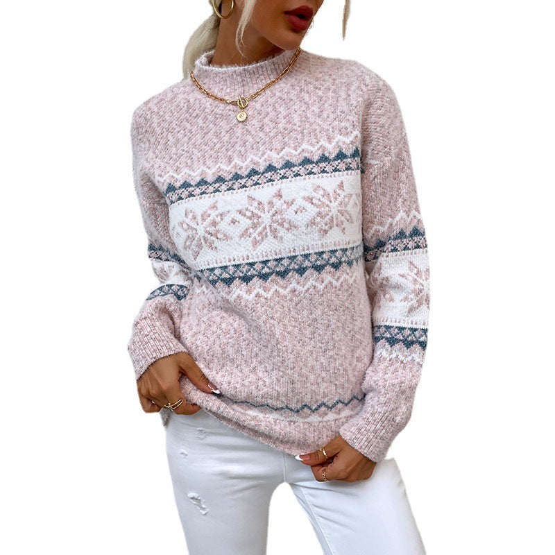 Women’s Winter Snowflake Sweater | Elegant Half-Turtleneck Knitted Pullover | Modern Christmas Snowflake Pattern Top | Trendy Festive Holiday Knitwear for Ladies | 2026 Cozy Soft Winter Fashion Sweater