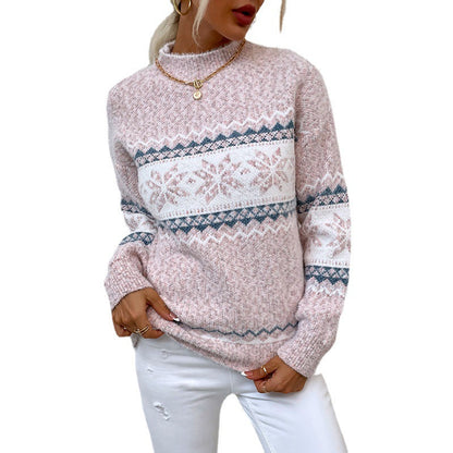 Women’s Winter Snowflake Sweater | Elegant Half-Turtleneck Knitted Pullover | Modern Christmas Snowflake Pattern Top | Trendy Festive Holiday Knitwear for Ladies | 2026 Cozy Soft Winter Fashion Sweater