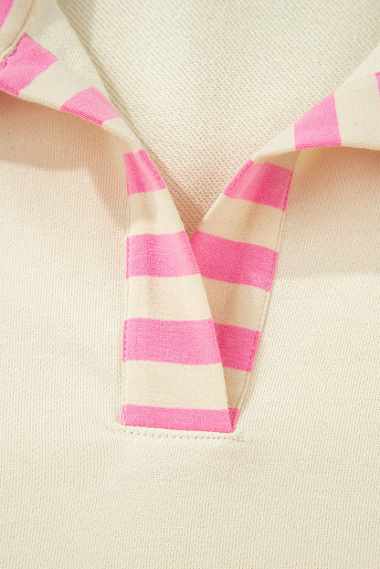 Threaded Pear Pink Stripe Contrast Polo Collar Drop Shoulder Patchwork Plus Size Pullover