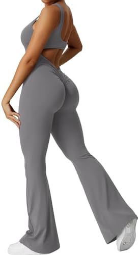 Women’s Sleeveless Flare Yoga Jumpsuit | Full-Body Fitness Bodysuit with Flared Legs | Elegant Backless Workout One-Piece | Trendy High-Stretch Athleisure Yoga Set | 2026 Modern Studio-to-Street Jumpsuit