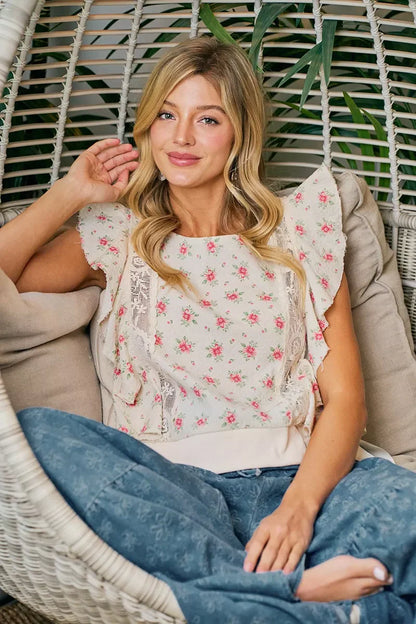 BiBi Flower Printed Ruffle Sleeve Trim Detail Top