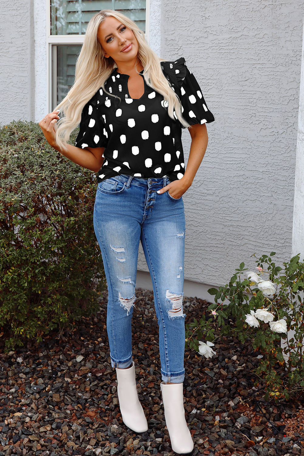 Threaded Pear Nola Notched Balloon Sleeve Blouse