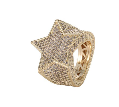 Men’s Hip-Hop Iced-Out Five-Pointed Star Ring | Full Diamond Simulant Star Statement Ring | Bold Streetwear Jewelry for Men | Luxurious Rockstar Star Band Ring