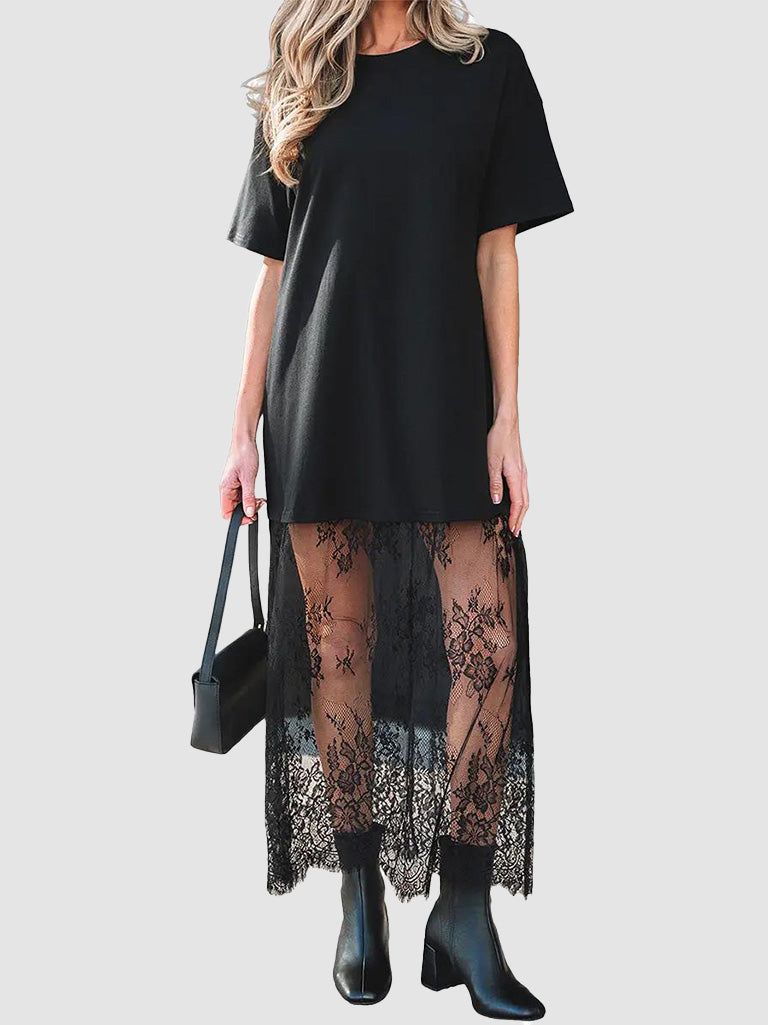 Women's Oversized T-Shirt Maxi Dress with Sheer Lace Hem Drop