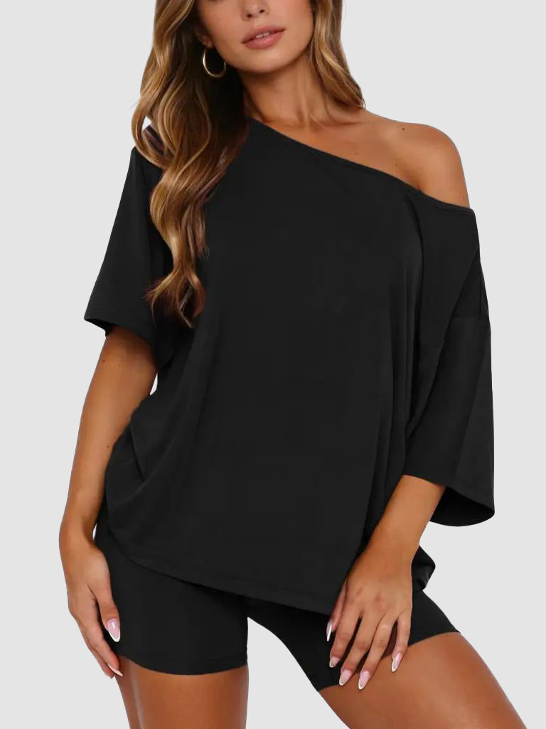 Off Shoulder Loose Top & High Waist Shorts Loungewear Set