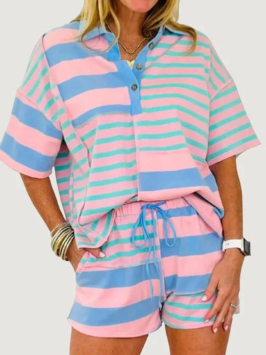 Color Block Striped Oversized Polo Loungewear Set, 2 Piece Short Sleeve Shirt & Drawstring Shorts Matching Outfit
