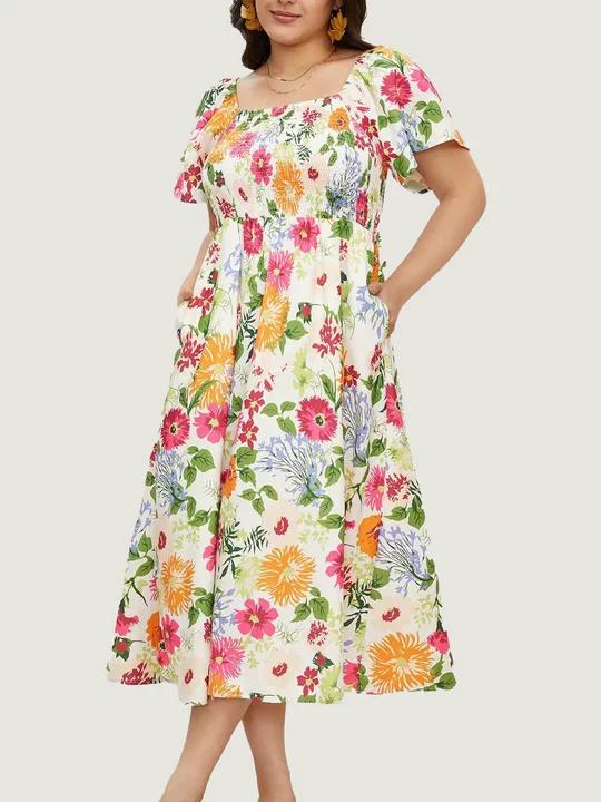 Floral Square Neck Midi Dress with Pockets