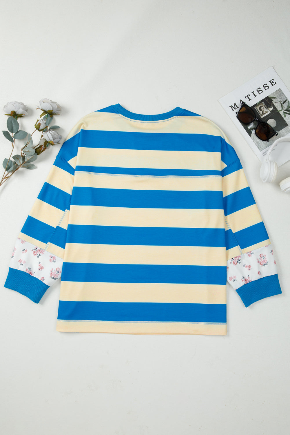 Threaded Pear Blue Stripe Floral Color Block Drop Shoulder Plus Size Pullover Top