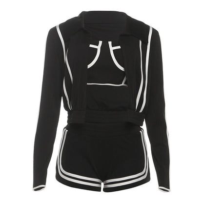 Fashionable Long Sleeve Turn-Down Collar Outerwear with Strap Inner Top and Slim Fit Sport Shorts Set for Women