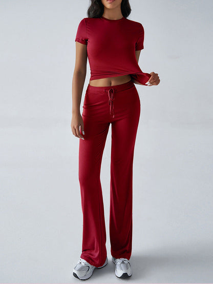 Crew Neck Short Sleeve Top & Full-Length Pants Set – Solid Color, 10 Colors