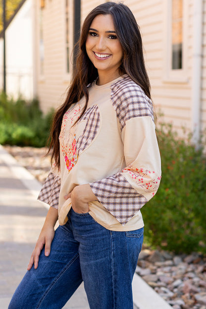 Threaded Pear Emilia Plaid Floral Peace Heart Long Sleeve Top
