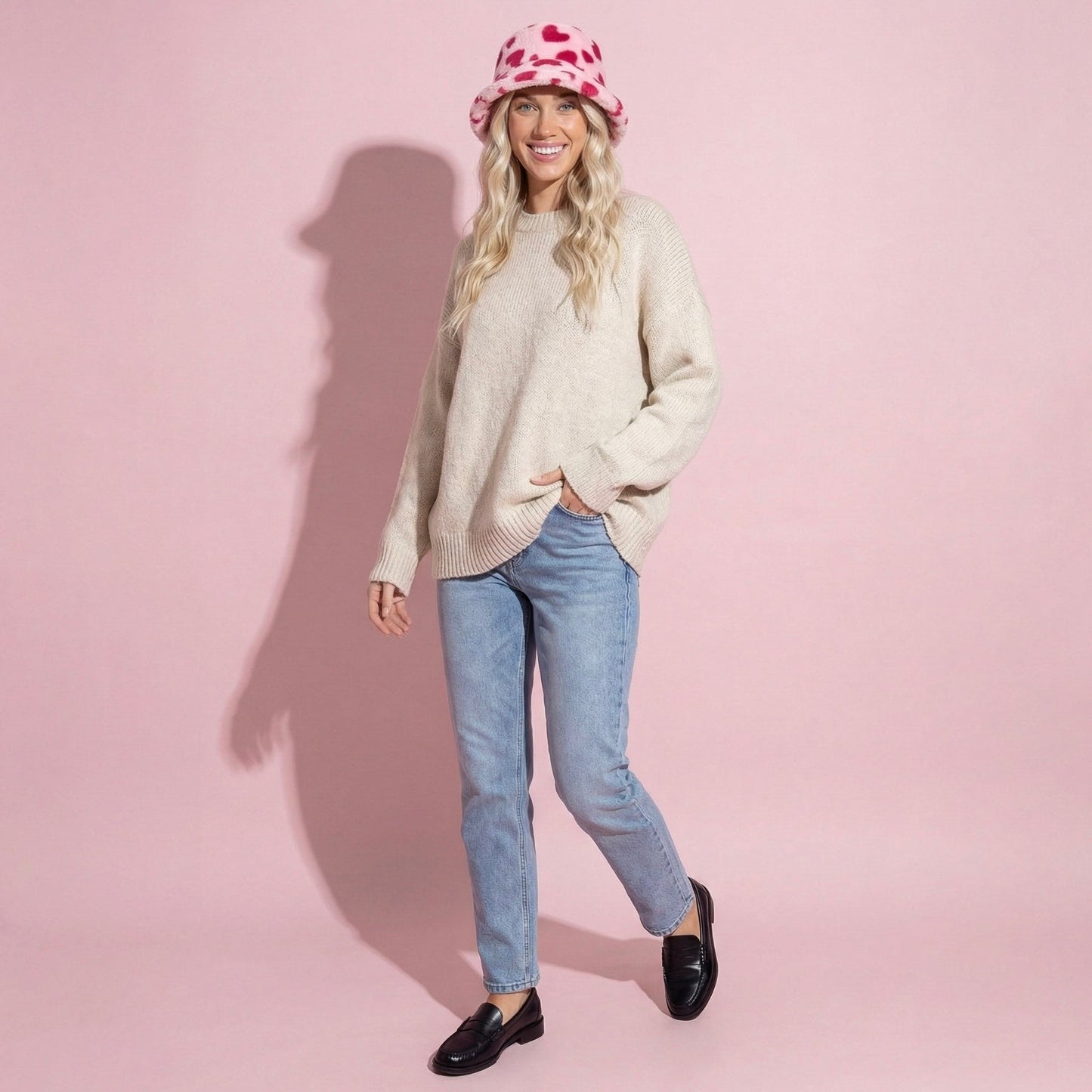 Anna-Kaci Valentine Plush Heart Pattern Bucket Hat Soft Texture Cozy Winter Style