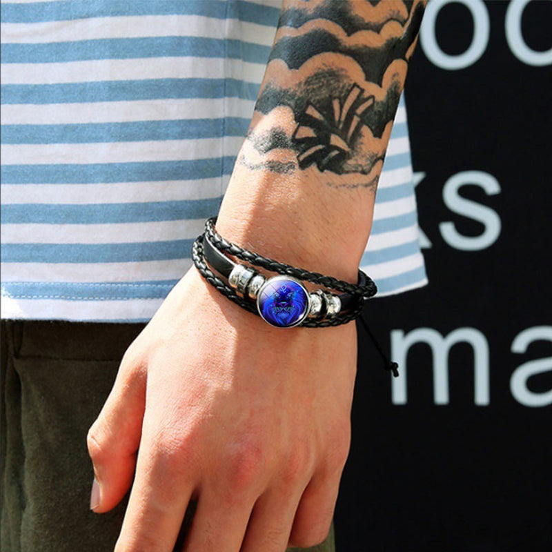 12 Zodiac Constellation Luminous Bracelet | Handmade Braided Leather Astrology Bracelet | Glow-in-the-Dark Birthday Gift for Men, Women & Kids