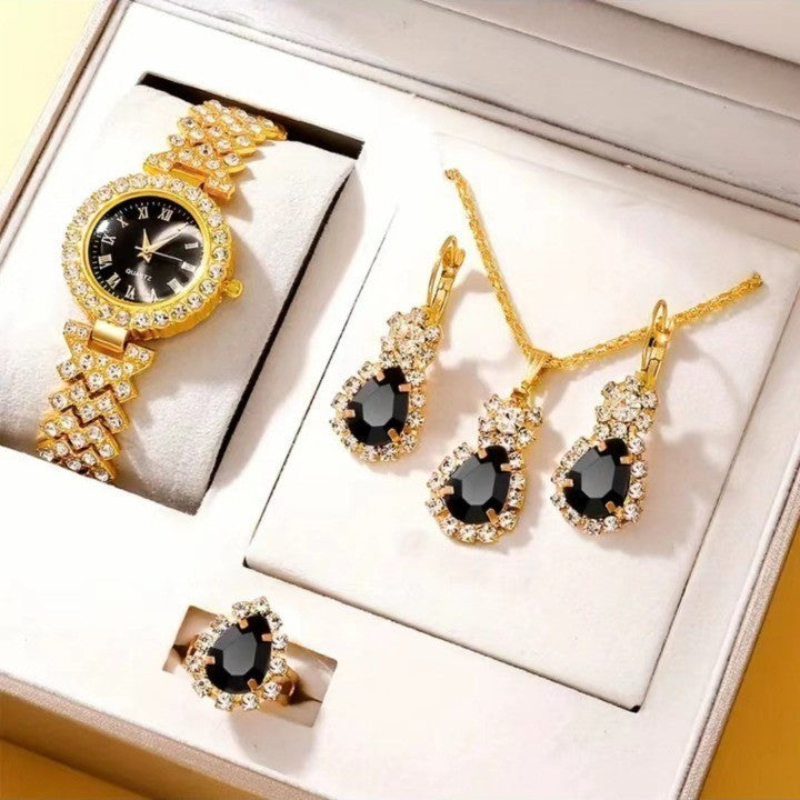 Colorful Crystal Quartz Watch & Jewelry Set | Luxury Sparkling Women’s Timepiece Suite | Elegant Multi-Color Rhinestone Watch Gift Set | Trendy Jewelry Suit with Bracelet & Earrings | 2026 High-Fashion Women’s Accessory Set