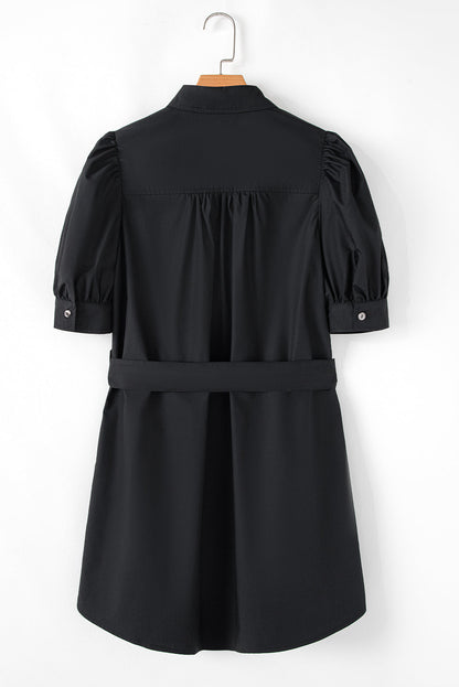 Threaded Pear Malaya Button Up Tie Waist Puff Sleeve Mini Dress