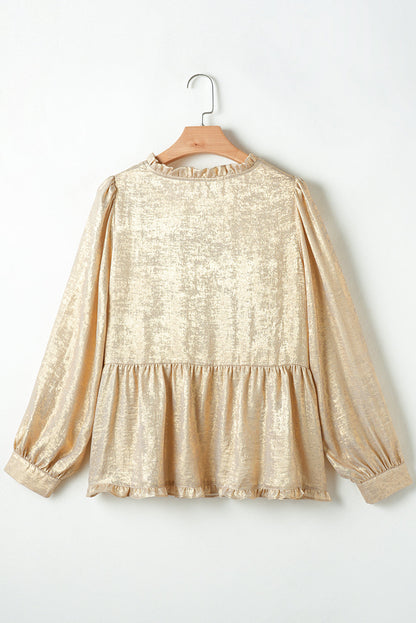 Threaded Pear Metallic Frilled V Neck Puff Sleeve Babydoll Blouse