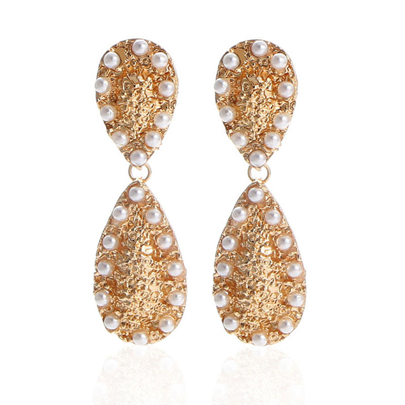 Exaggerated Geometric Pearl Drop Earrings | European & American Style Alloy Inlaid Earrings | Bold Statement Pearl Dangles | Modern Architectural Fashion Jewelry