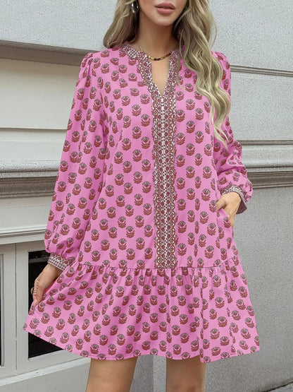Floral V Neck Babydoll Dress with Pockets