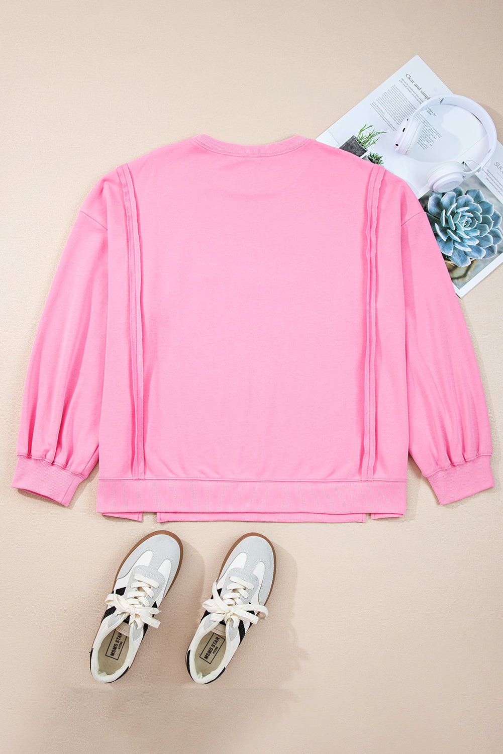 Threaded Pear Pink Big Bow Lace Embroidered Dolman Sleeve Slit Plus Size Sweatshirt