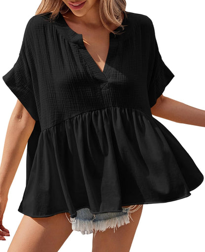 Womens Summer Babydoll Tops V Neck Short Sleeve