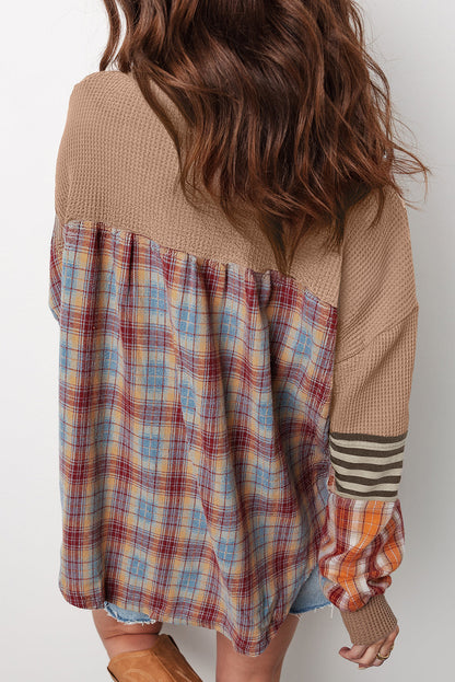 Threaded Pear Aaliyah Waffle Stripe Plaid Patchwork Henley Knit Top