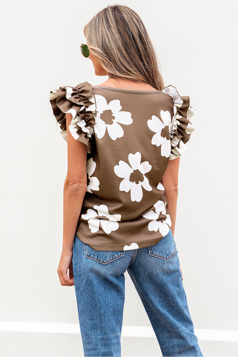 Threaded Pear Vada Floral Textured Ruffled Sleeve Blouse