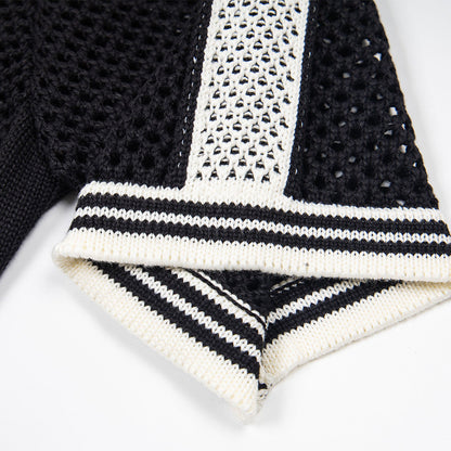 Hollow mesh V-neck polo shirt top