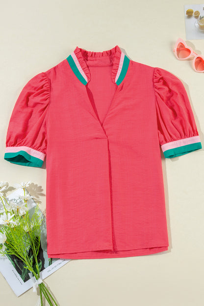 Threaded Pear Becky V Neck Short Sleeve Blouse