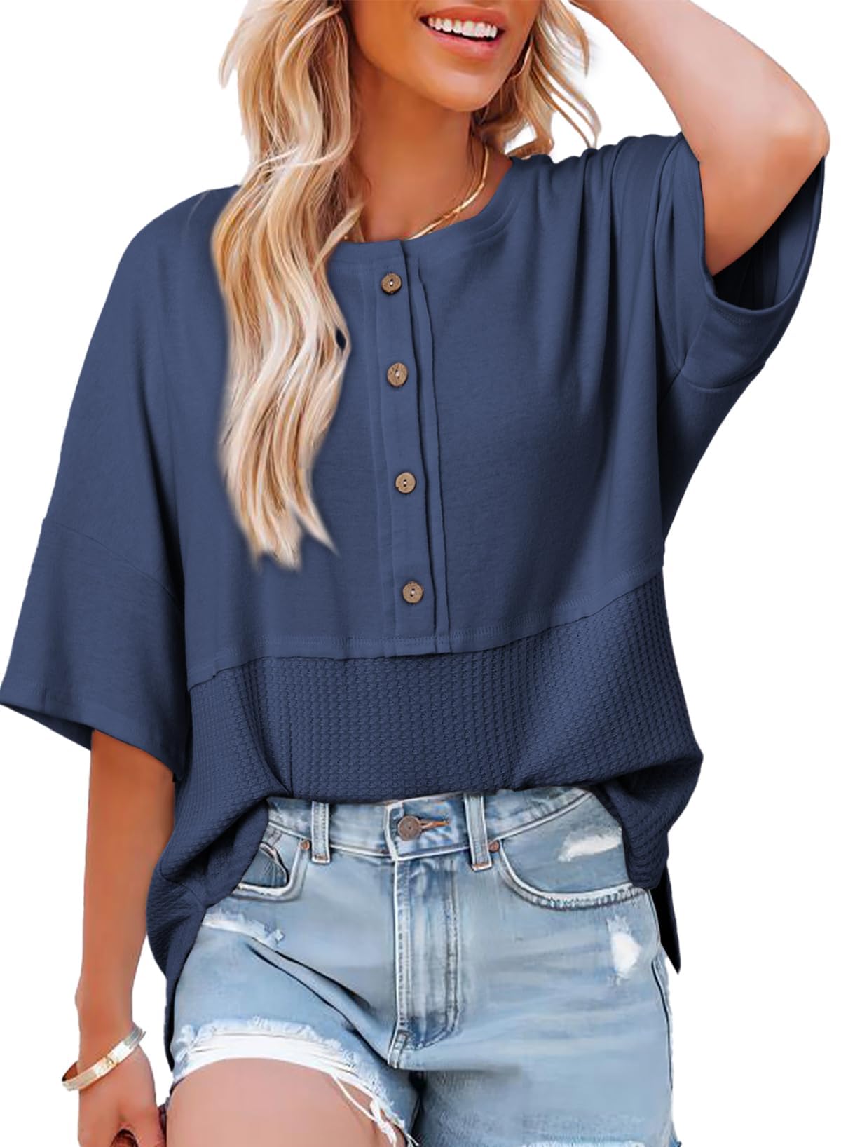 ✨Women's 3/4 Sleeve Casual Button Down Waffle Knit Tops