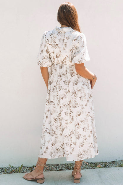 Threaded Pear Iliana Floral Puff Sleeve V Neck Buttoned Front Maxi Dress