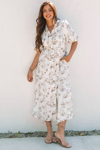 Threaded Pear Iliana Floral Puff Sleeve V Neck Buttoned Front Maxi Dress