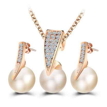 Elegant 2-Piece Faux Pearl Necklace & Earrings Set | Classic Crystal Inlaid Bridal Jewelry Set | Sophisticated Wedding Accessories for Women