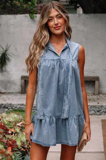 Threaded Pear Clare Sleeveless Ruffled Chambray Dress
