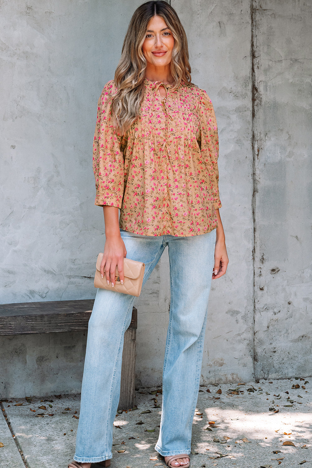 Threaded Pear Sadie Floral Bow Pin-tuck Bust Half Puff Sleeve Blouse