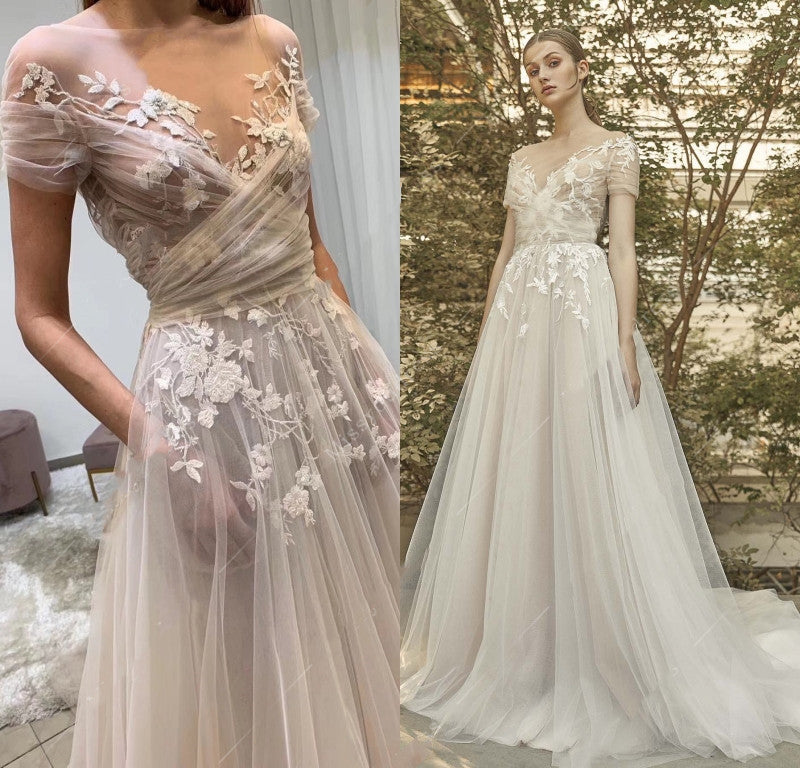 Women’s Fashion Lace Outdoor Wedding Dress | Elegant Lawn & Garden Bridal Gown | Whimsical A-Line Floral Lace Dress | Breathable Ivory Tulle Evening Gown | 2026 Romantic Outdoor Bride Collection