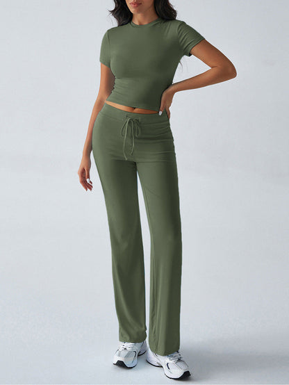 Crew Neck Short Sleeve Top & Full-Length Pants Set – Solid Color, 10 Colors