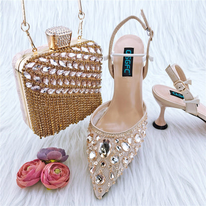 Luxury Ladies Party Sandals & Diamond Clutch Set | Sparkling Rhinestone Evening Heels & Matching Bag | Glamorous Wedding Party Footwear & Accessory Suite | "Iced-Out" Gala Duo