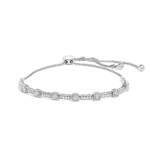 .925 Sterling Silver 1/4 Cttw Diamond 4”-10” Adjustable Bolo Alternating Square and Rectangle Bolo Bracelet (I-J Color, I3 Clarity)