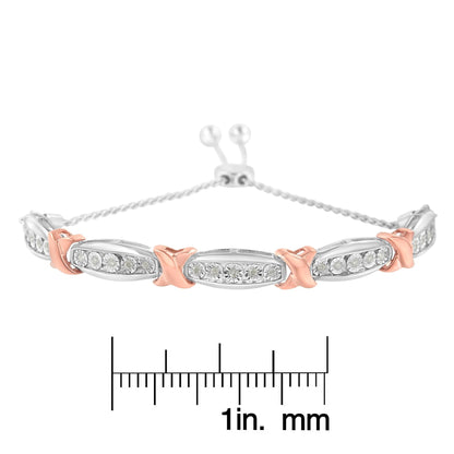 .925 Sterling Silver 1/4 Cttw Round-Cut Diamond X & Tapered Bar Miracle-Set Bolo Bracelet (I-J Color, I3 Clarity) - Two Tone Rose Gold & Silver
