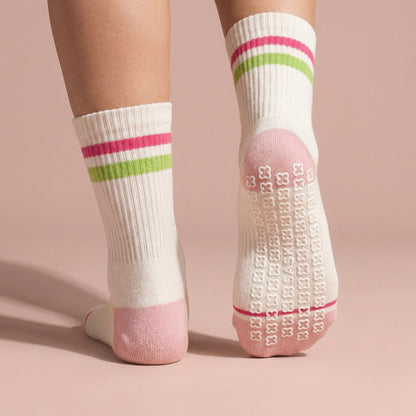 Anna-Kaci Women's 2-Pair Set Crew Athletic Socks with Striped Cuffs and Full Sole Grip for Yoga Fitness