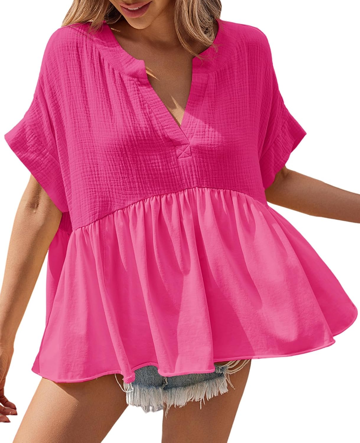 Womens Summer Babydoll Tops V Neck Short Sleeve