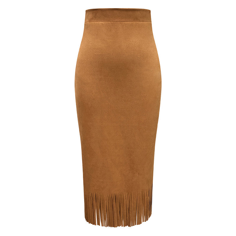 Women’s A-Line Fringe Hem Midi Skirt | Elegant Solid Color Versatile Skirt | Modern High-Waisted Casual Party Skirt | Trendy Fringed Hemline A-Line Bottoms | 2026 High-Sense Fashion Midi Skirt