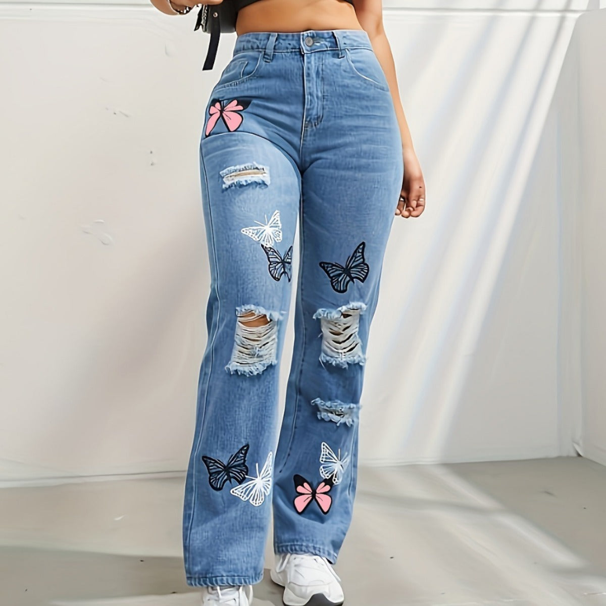 Women’s High-Waisted Butterfly Print Straight Leg Jeans | High-Sense Ripped Distressed Denim | Trendy Minimalist Butterfly Motif Pants | Luxury-Label Statuesque Radiant Urban Wear | 2026 High-Fashion Botanical-Luxe Essential