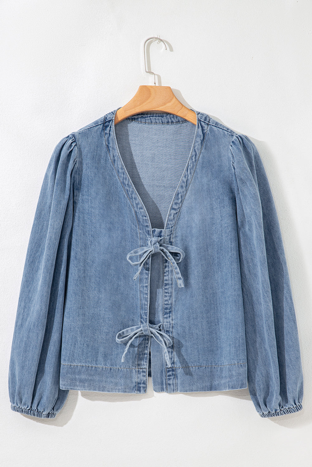 Threaded Pear Oakley Tied Front Long Puff Sleeve Denim Top