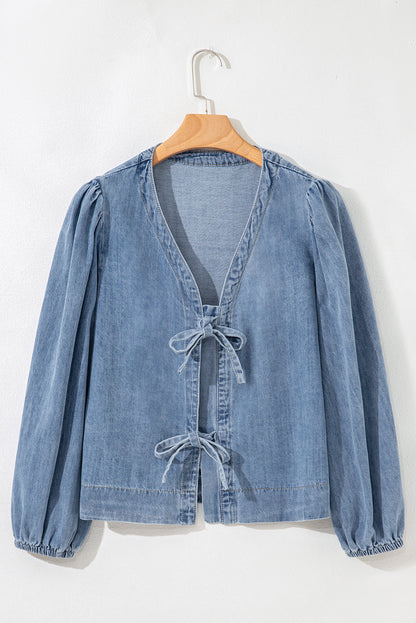 Threaded Pear Oakley Tied Front Long Puff Sleeve Denim Top