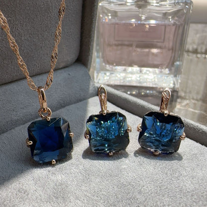 Ornament Sapphire Blue Earrings & Necklace Set | High-Sense Royal Zircon Jewelry | Trendy Minimalist Deep Blue Pendant & Studs | Luxury-Label Statuesque Evening Set | 2026 High-Fashion Radiant Women’s Accessories
