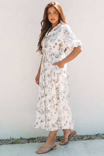 Threaded Pear Iliana Floral Puff Sleeve V Neck Buttoned Front Maxi Dress