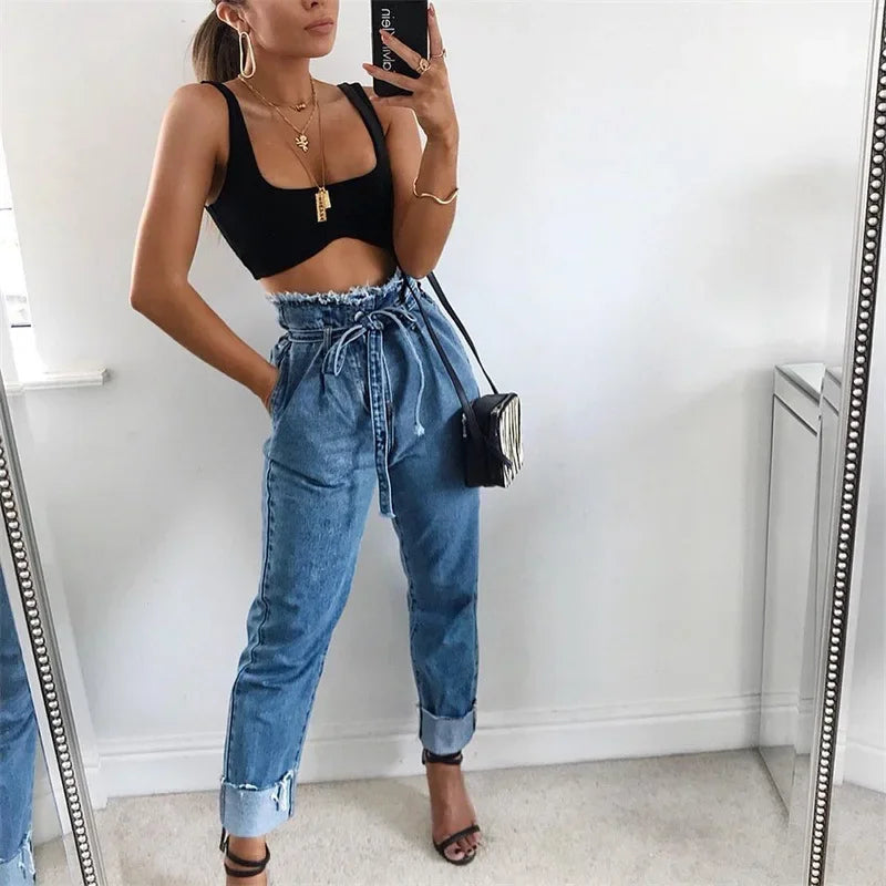 High-Waisted Washed Pencil Jeans | European & American Temperament Denim | Plus Size Slimming Stretch Pencil Pants | Spring Fashion Washed Denim for Women