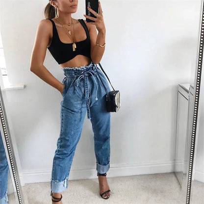 High-Waisted Washed Pencil Jeans | European & American Temperament Denim | Plus Size Slimming Stretch Pencil Pants | Spring Fashion Washed Denim for Women