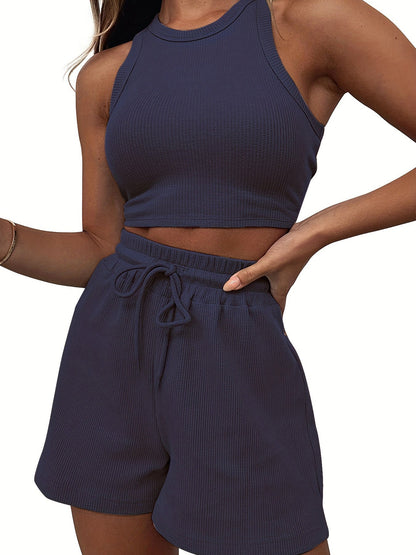 Casual Solid Color Sleeveless Waffle Knit Short Crop Top 2-Piece Set Women's Fashion Outfit